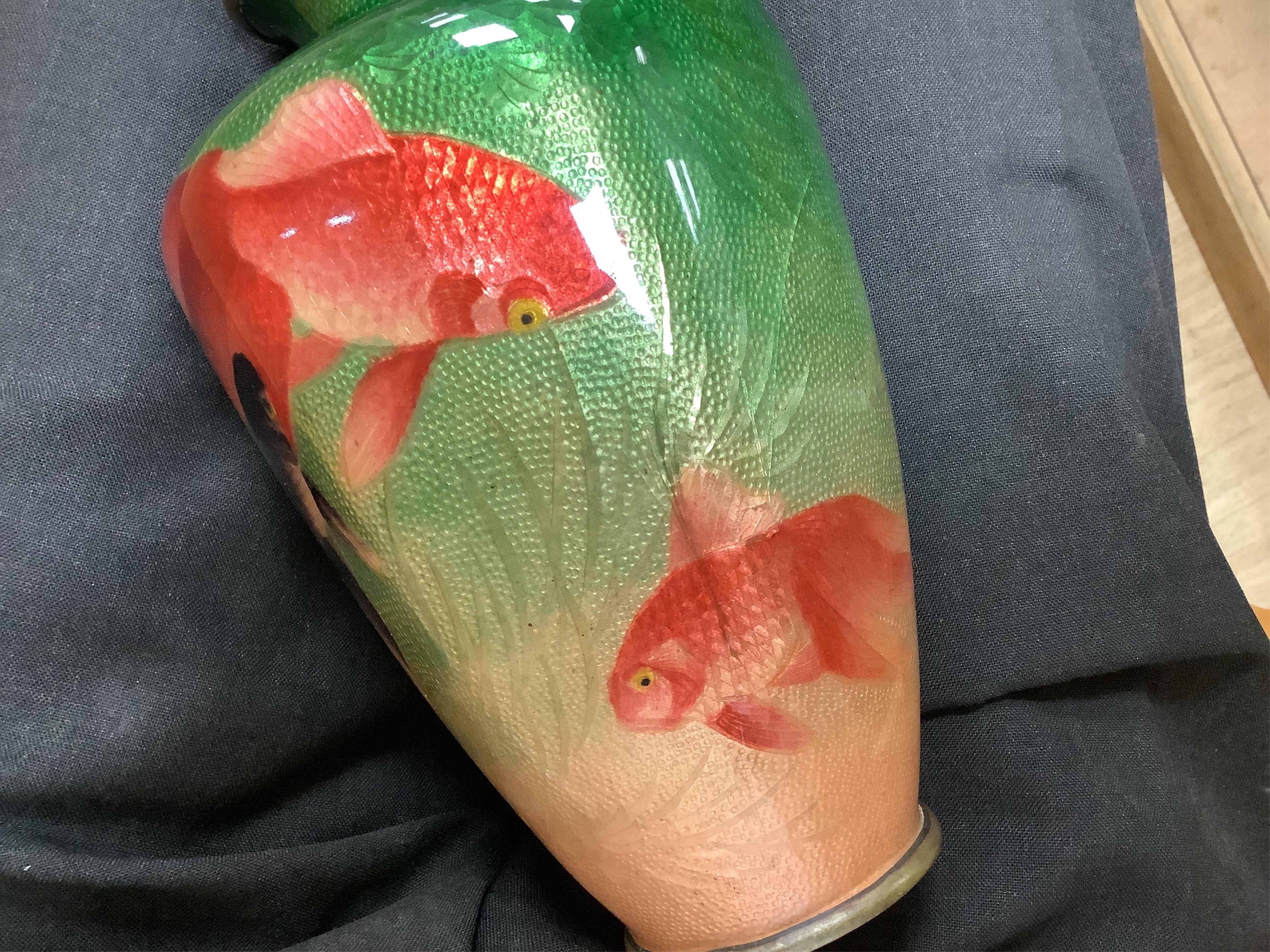 A Japanese ginbari enamel ‘koi carp’ vase, early 20th century, 18cm high
